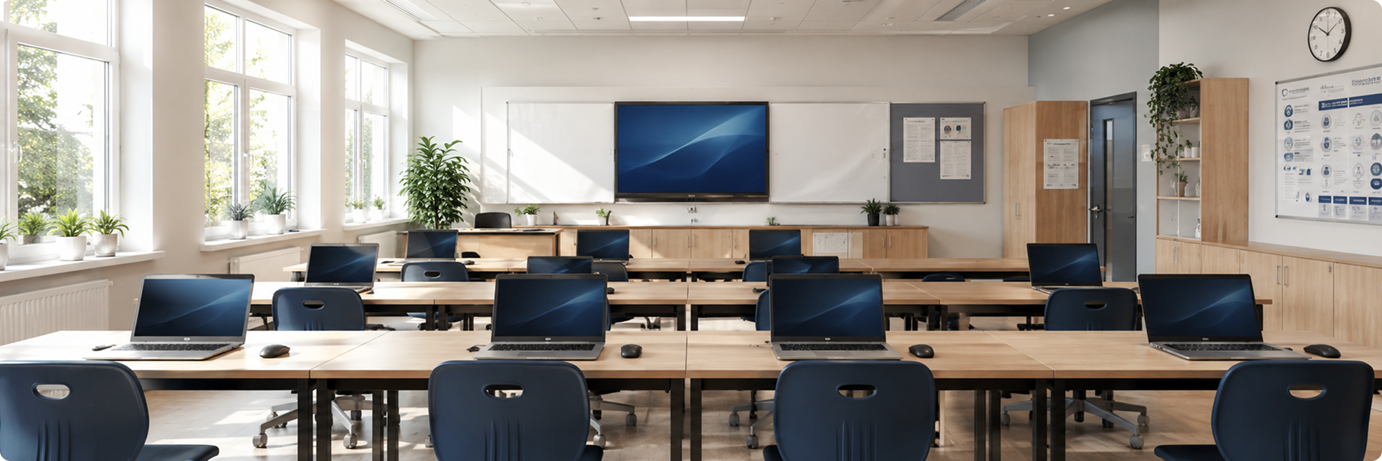 Nowoczesna szkolna pracownia komputerowa wyposażona w laptopy